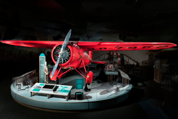 Amelia Earhart's red Lockheed Vega 5B monoplane on display at the Smithsonian National Air and Space Museum