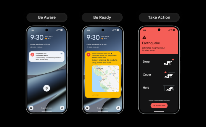 Google-provided image accompanying the Android Earthquake Alerts expansion announcement
