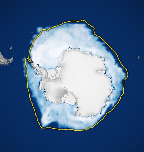 Satellite map of Antarctic sea ice concentration on September 14, 2026, with a yellow line marking the 1981 to 2010 median extent