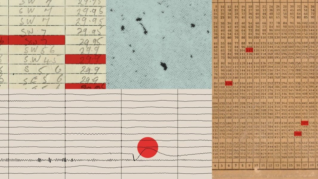 Collage of archival data sheets, a grid of numbers and a line trace with a red circle