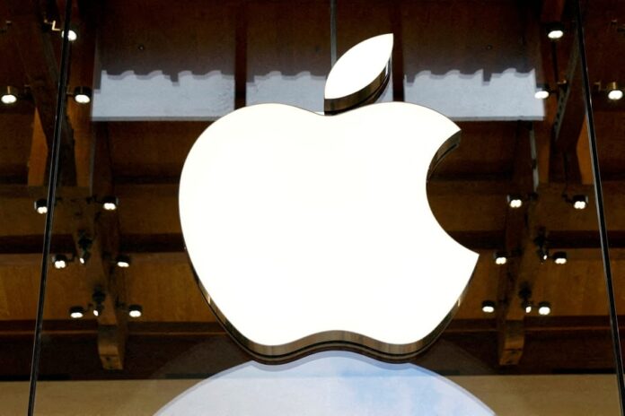 Apple logo outside an Apple store in Paris, photographed on April 23, 2025