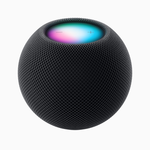 A midnight HomePod mini with a multicoloured illuminated touch surface