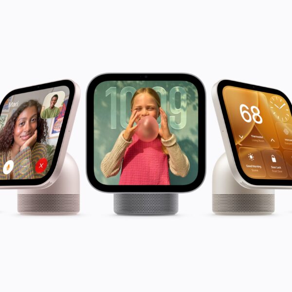 Five Apple HomeView smart displays in different colors showing FaceTime, photos, home controls and music