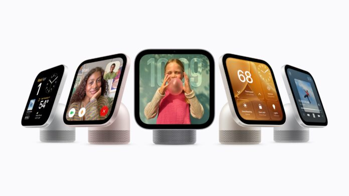 Five Apple HomeView smart displays in different colors showing FaceTime, photos, home controls and music