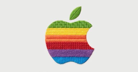 Apple's invitation to its October 13 launch, showing a rainbow-striped Apple logo in embroidery with the text Welcome home and October 13