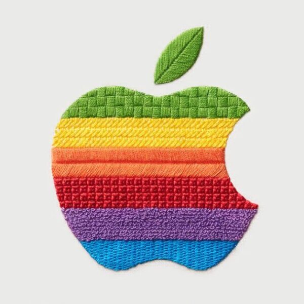 Apple's invitation to its October 13 launch, showing a rainbow-striped Apple logo in embroidery with the text Welcome home and October 13