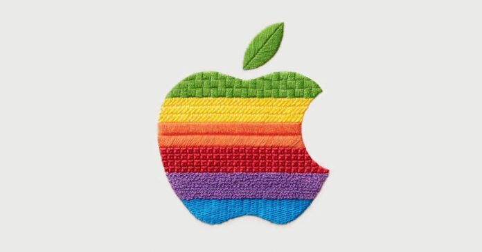 Apple's invitation to its October 13 launch, showing a rainbow-striped Apple logo in embroidery with the text Welcome home and October 13