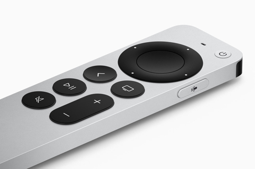 Close-up of the silver Siri Remote with its circular navigation pad and control buttons