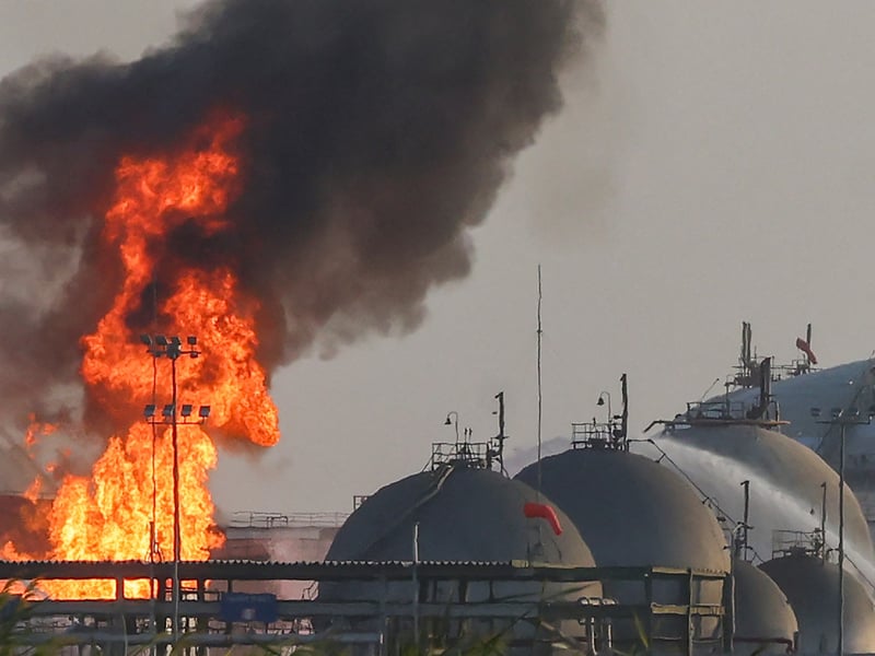 Flames at an Aramco facility south of Riyadh on October 3, 2026, in an earlier-event photograph