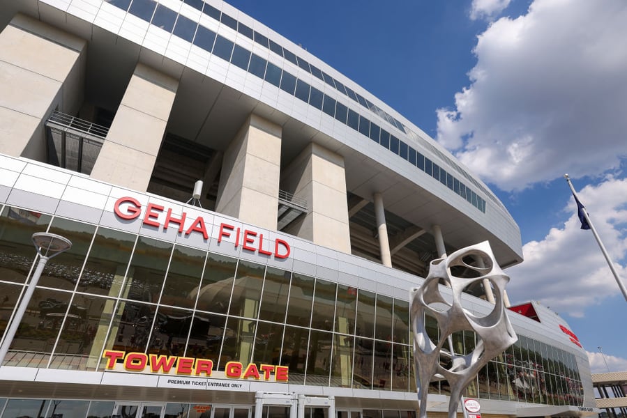 Exterior of Arrowhead Stadium in Kansas City, Missouri, with the Tower Gate premium ticket entrance