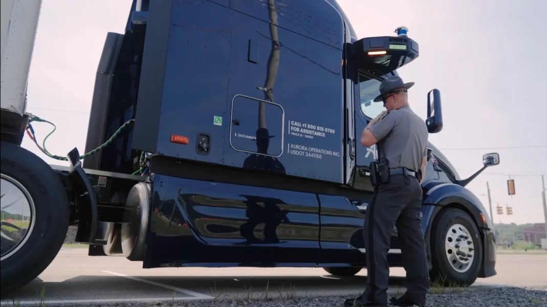 Aurora driverless truck on the road, covered by the FMCSA warning-beacon exemption