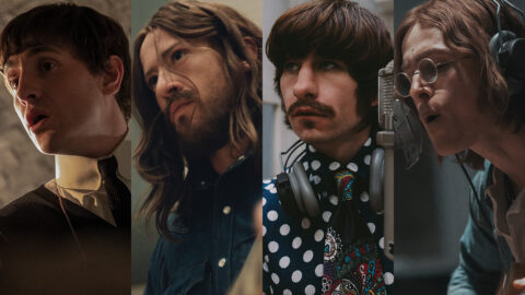 Four side-by-side film stills of the actors playing the Beatles in Sam Mendes' four-film project for Sony Pictures