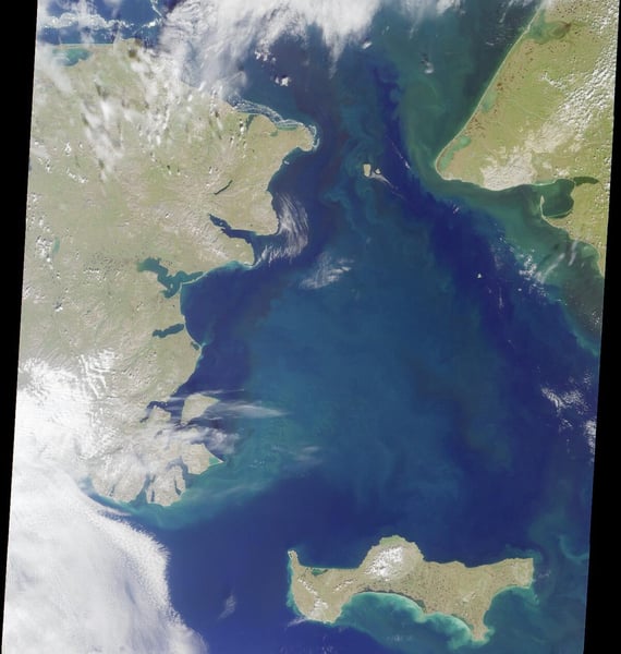 Satellite image of the Bering Strait between the Seward Peninsula of Alaska and Chukotskiy Poluostrov of Siberia