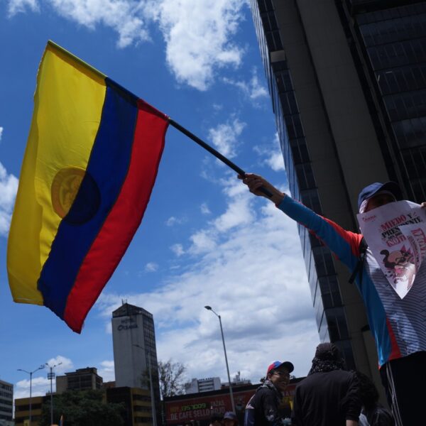 A protester in a blue cap holds up a Colombian flag and a placard against a Bogota skyline