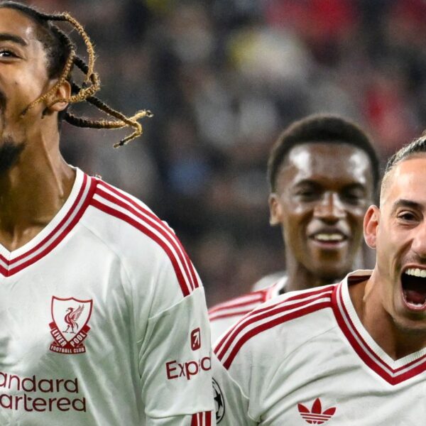 Bradley Barcola pictured in Sky Sports’ coverage of Liverpool’s win at LASK.