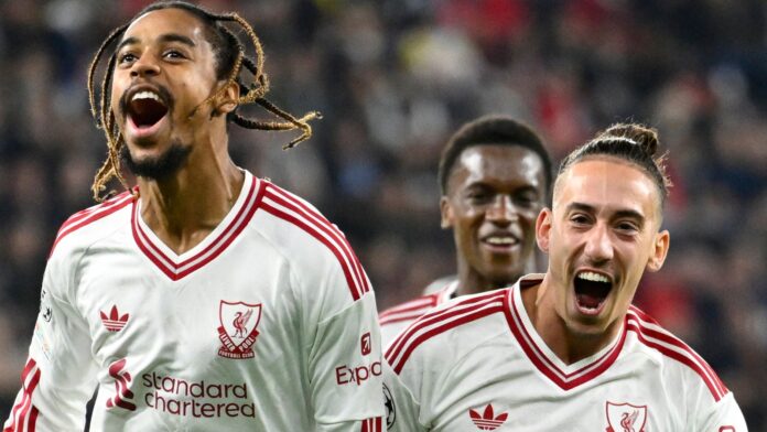 Bradley Barcola pictured in Sky Sports’ coverage of Liverpool’s win at LASK.