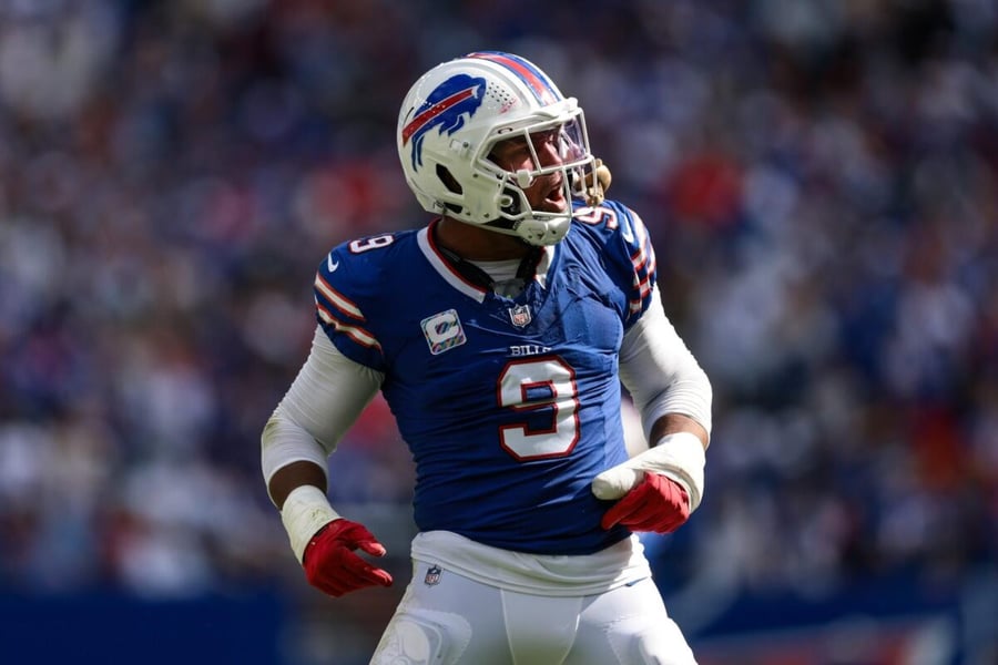 Buffalo Bills linebacker Bradley Chubb in a blue number 9 jersey and white helmet during a game