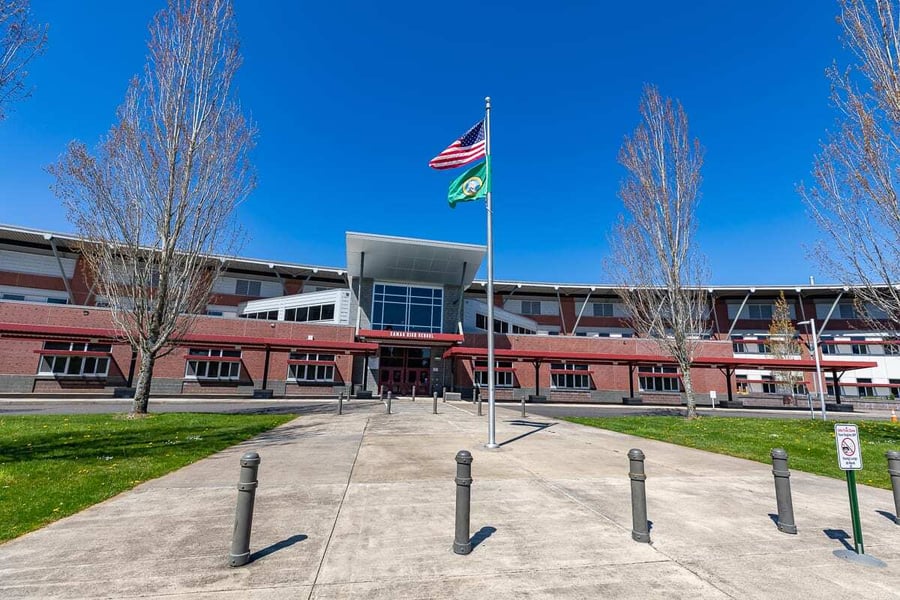 Exterior of Camas High School in Camas, Washington.