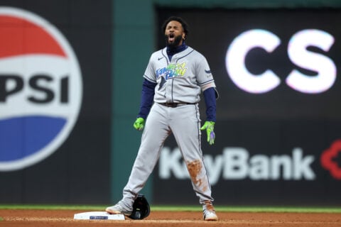 Tampa Bay Rays slugger Junior Caminero yells on second base after an RBI double against the Cleveland Guardians in ALCS Game 4