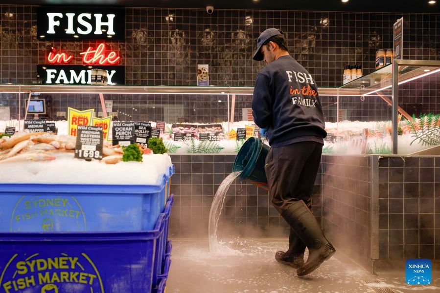 A seafood shop worker pouring water from a bucket onto the floor beside a fish display in Canberra