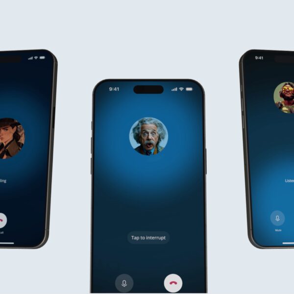 Three phone screens showing Character.AI voice calls with animated characters