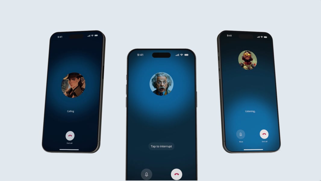 Three phone screens showing Character.AI voice calls with animated characters