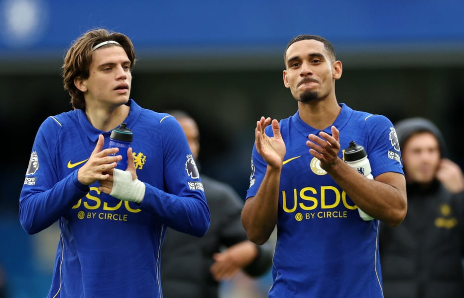 Marco Palestra and Maxence Lacroix applaud Chelsea supporters after the Bournemouth match on October 10, 2026.