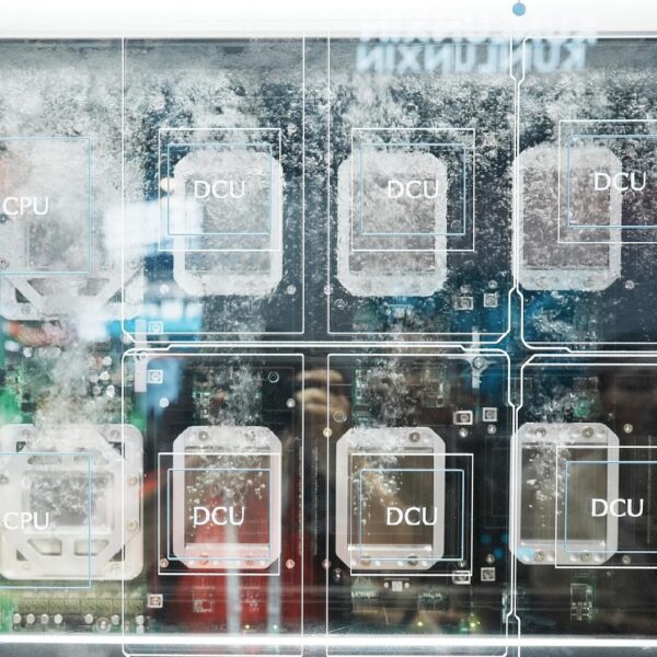 Liquid-cooled server board with CPU and DCU chips submerged in coolant at the World AI Conference in Shanghai