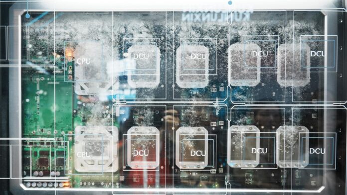 Liquid-cooled server board with CPU and DCU chips submerged in coolant at the World AI Conference in Shanghai