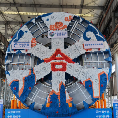 Cutterhead of the China Railway 1662 shield tunneling machine standing in a Zhengzhou factory hall