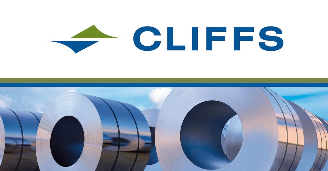 Cleveland-Cliffs logo above rows of rolled steel coils under a blue sky