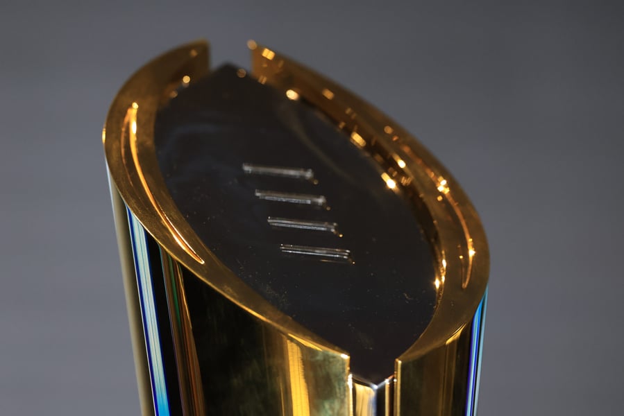College Football Playoff National Championship Trophy displayed at Big Ten Football Media Days in Chicago on July 29, 2026.