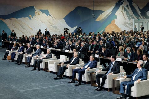 Heads of state and delegations seated in the plenary hall of the Leaders for Nature summit in Yerevan ahead of COP17
