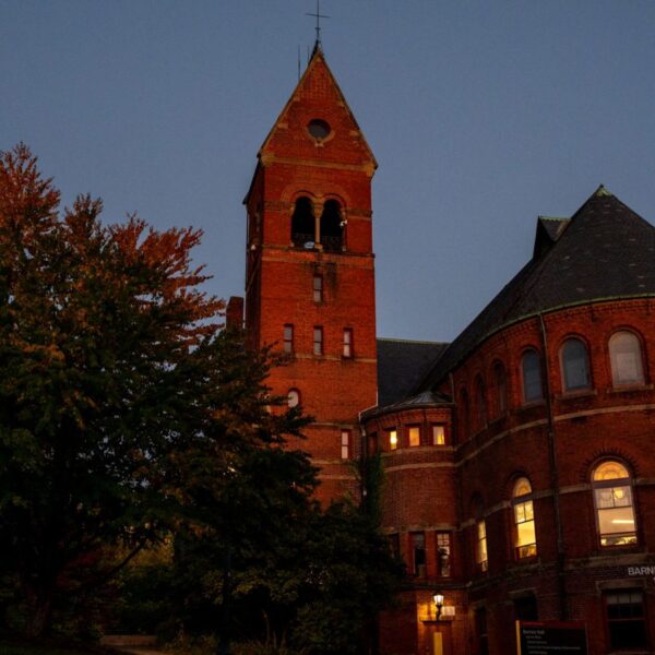 A Cornell University campus building in Ithaca, New York, at dusk