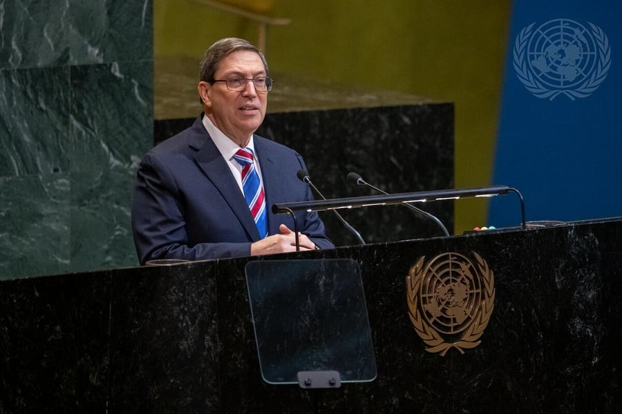 Cuban Foreign Minister Bruno Rodriguez Parrilla speaking at the UN General Assembly podium during the embargo debate