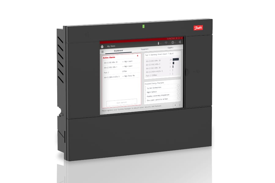 A Danfoss refrigeration system manager controller with its alarm screen lit