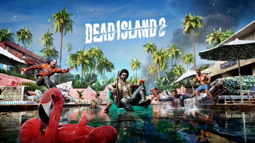 Dead Island 2 artwork showing characters at a tropical resort pool with palm trees and a large flamingo float