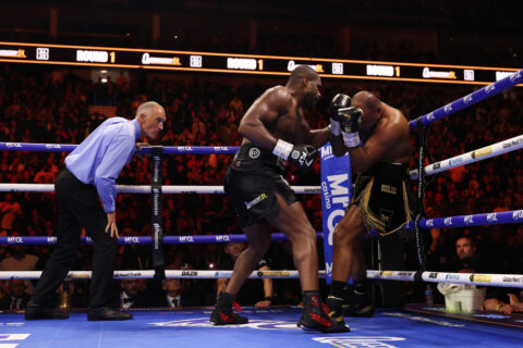 Daniel Dubois works Fabio Wardley against the ropes in round one at the O2 Arena in London