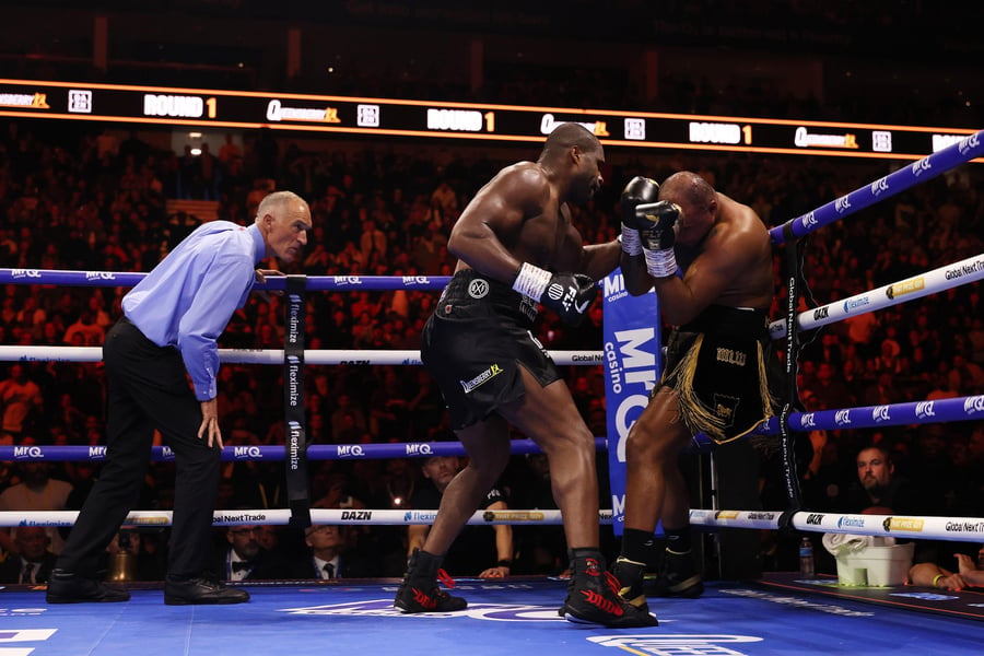 Daniel Dubois works Fabio Wardley against the ropes in round one at the O2 Arena in London