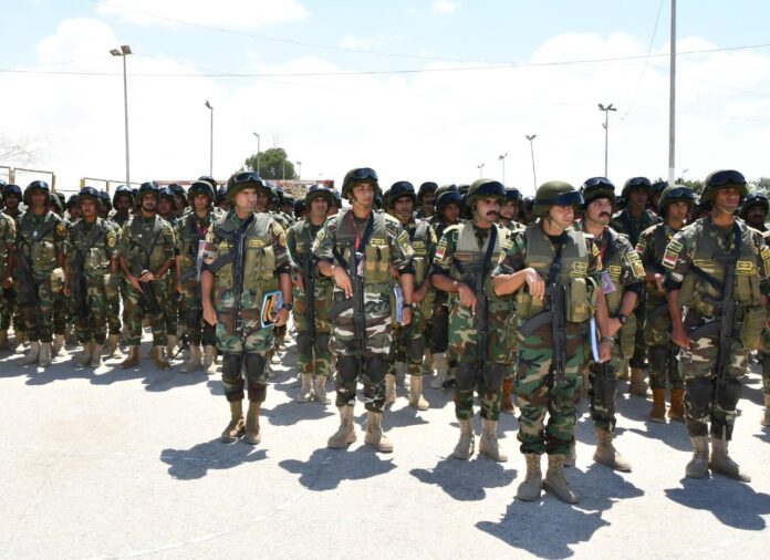 Rows of Egyptian soldiers in helmets and camouflage standing in formation on a paved parade ground