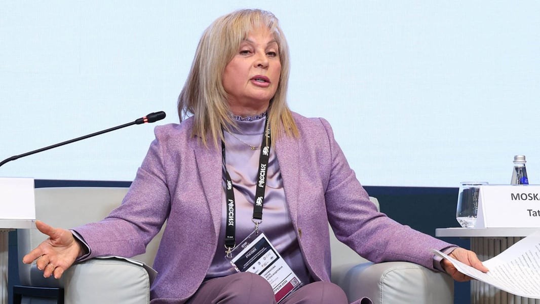 Ella Pamfilova, chair of Russia's Central Election Commission, speaking on a panel
