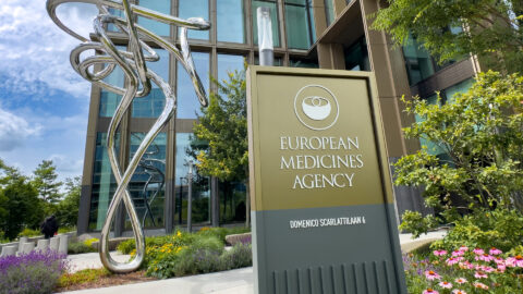 Entrance sign and sculpture outside the European Medicines Agency headquarters in Amsterdam