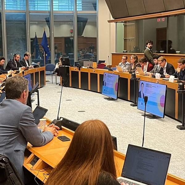 Officials and satellite industry representatives seated around a horizontal table at a satellite connectivity meeting in the European Parliament, 13 October 2026