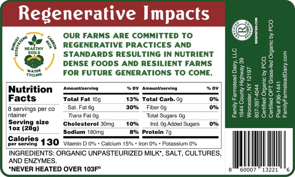 Back label of Family Farmstead raw cheddar listing organic unpasteurized milk, salt, cultures and enzymes as ingredients