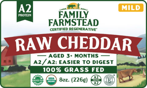 Front label of Family Farmstead Raw Cheddar, mild, 8 oz, marked A2 protein, aged 3+ months and 100% grass fed