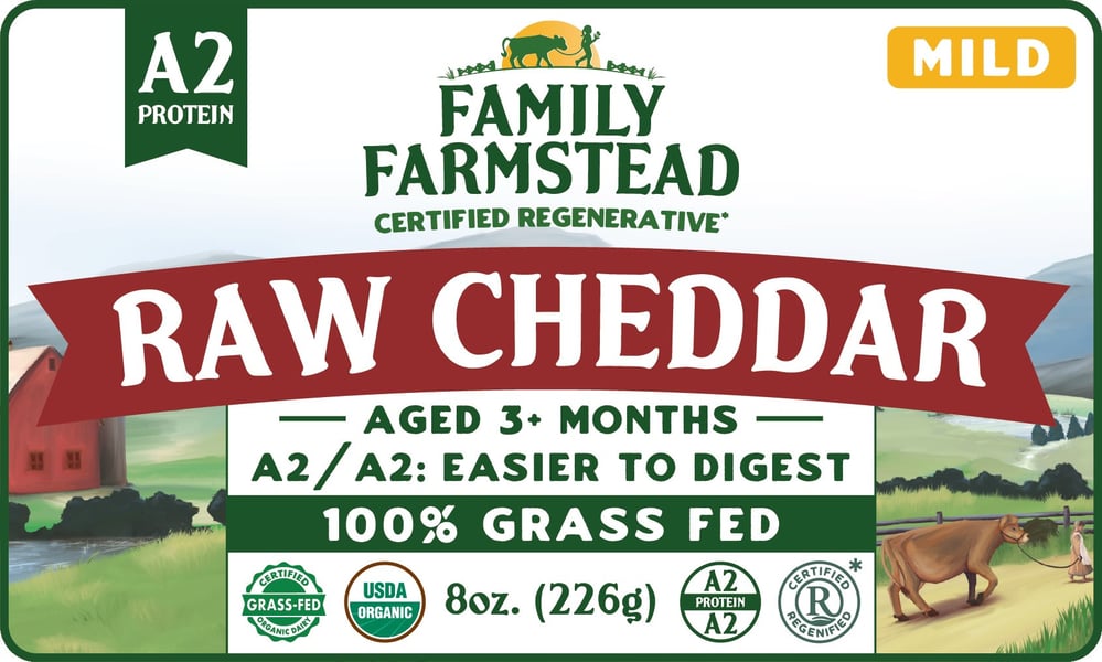 Front label of Family Farmstead Raw Cheddar, mild, 8 oz, marked A2 protein, aged 3+ months and 100% grass fed