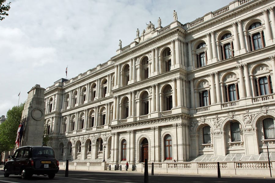 Stone facade of the Foreign, Commonwealth and Development Office main building in Whitehall, London