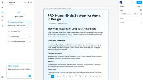 Figma interface showing an agent chat panel beside a Markdown spec document titled PRD: Human Evals Strategy for Agent in Design
