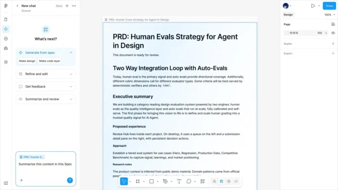 Figma interface showing an agent chat panel beside a Markdown spec document titled PRD: Human Evals Strategy for Agent in Design