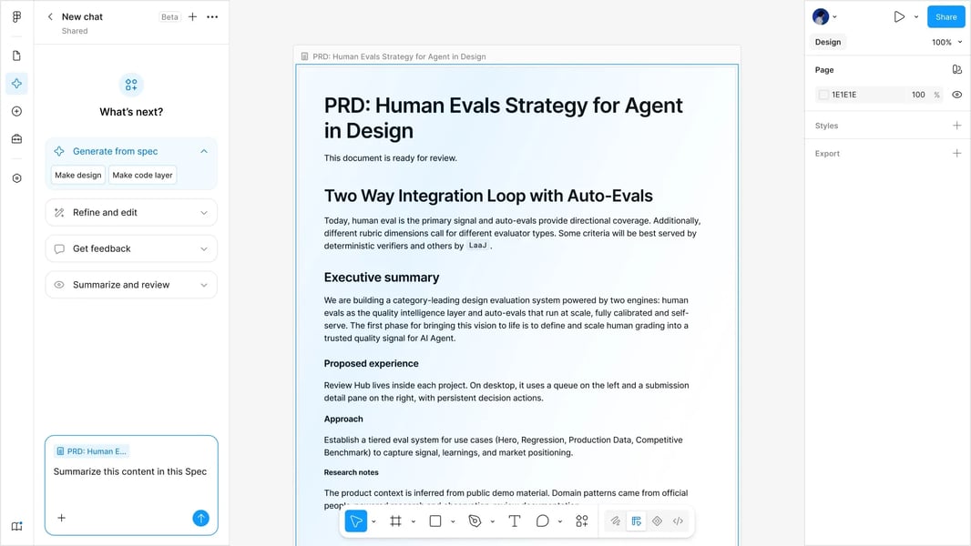 Figma interface showing an agent chat panel beside a Markdown spec document titled PRD: Human Evals Strategy for Agent in Design